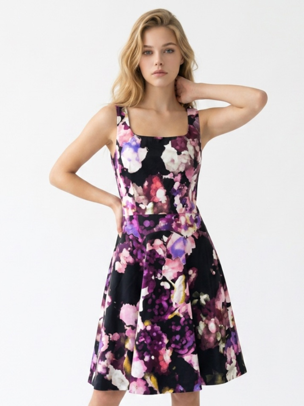 KAREN MILLEN Dress Watercolor Floral Black Purple Sleeveless Fit Flair Designer